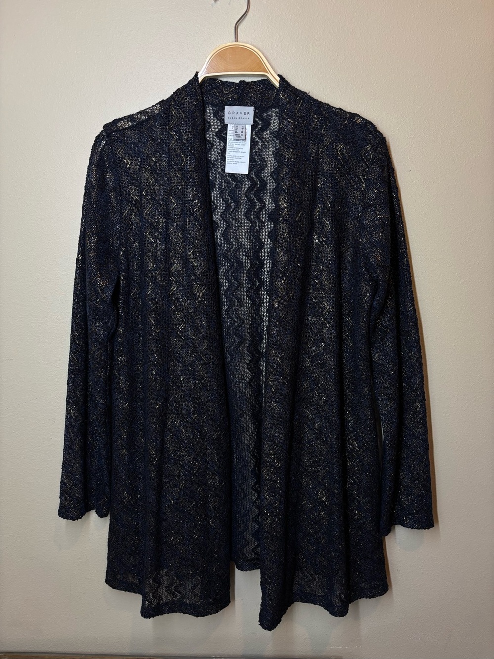 Graver Susan Graver Navy & metallic gold Open-Front Lace Cardigan Sweater, small